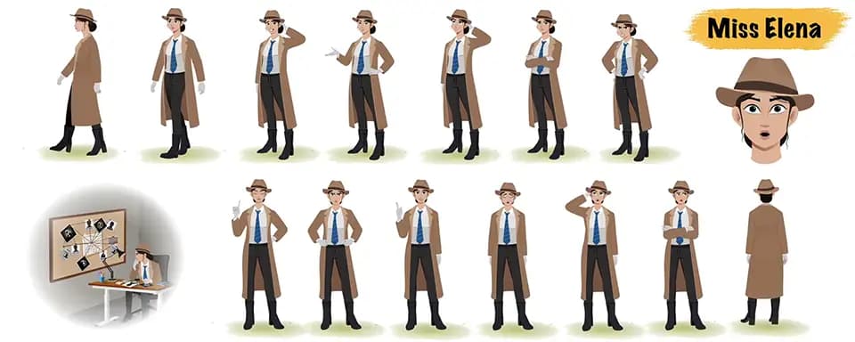 Female detective animated vector cartoon character model sheet AKA Miss Elena