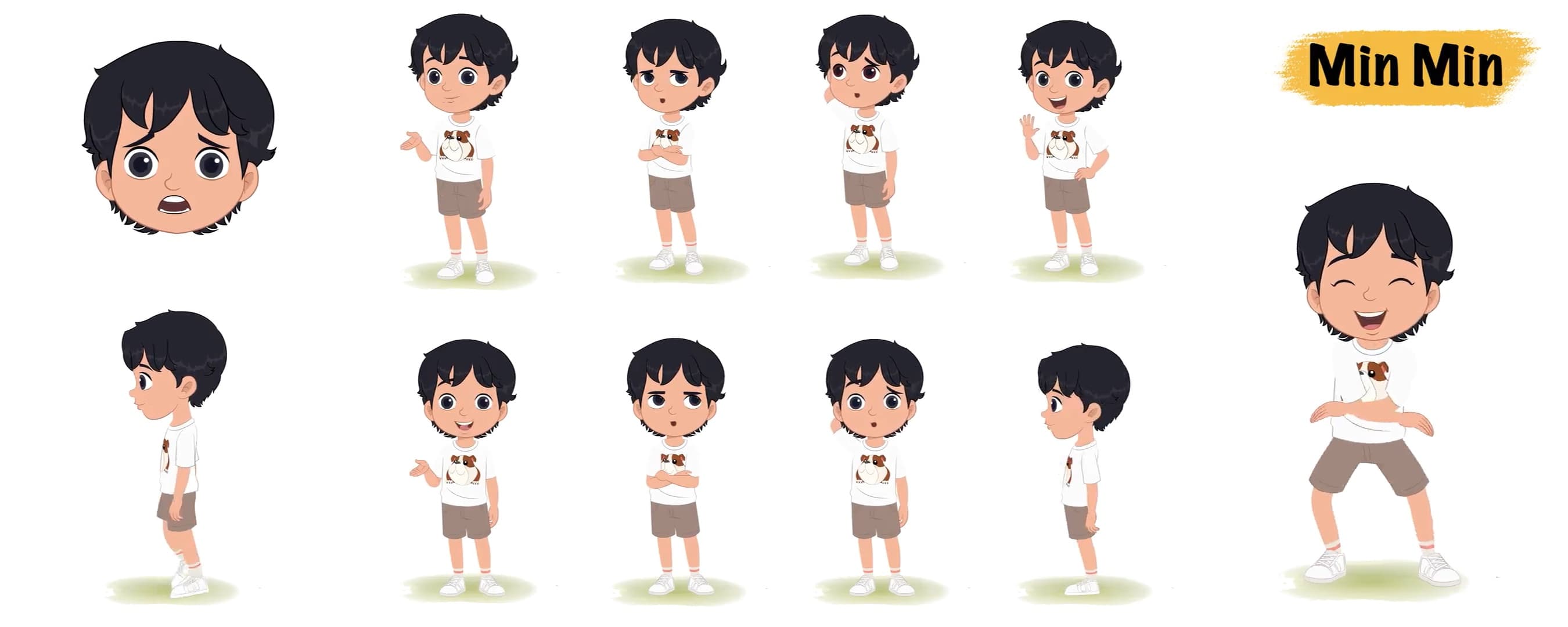 Cool Indian boy animated vector cartoon character model sheet AKA Min Min