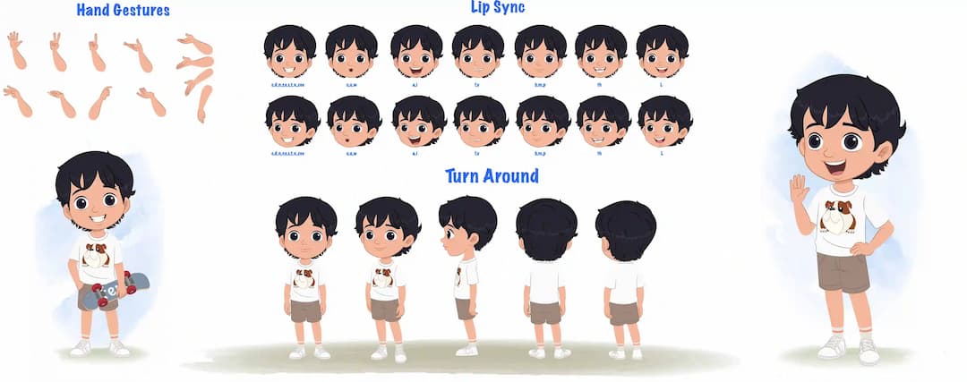 A cool boy cartoon character construction/model sheet aka min min
