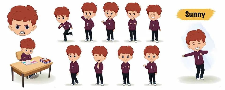 Cute red hair boy animated vector cartoon character model sheet AKA Sunny