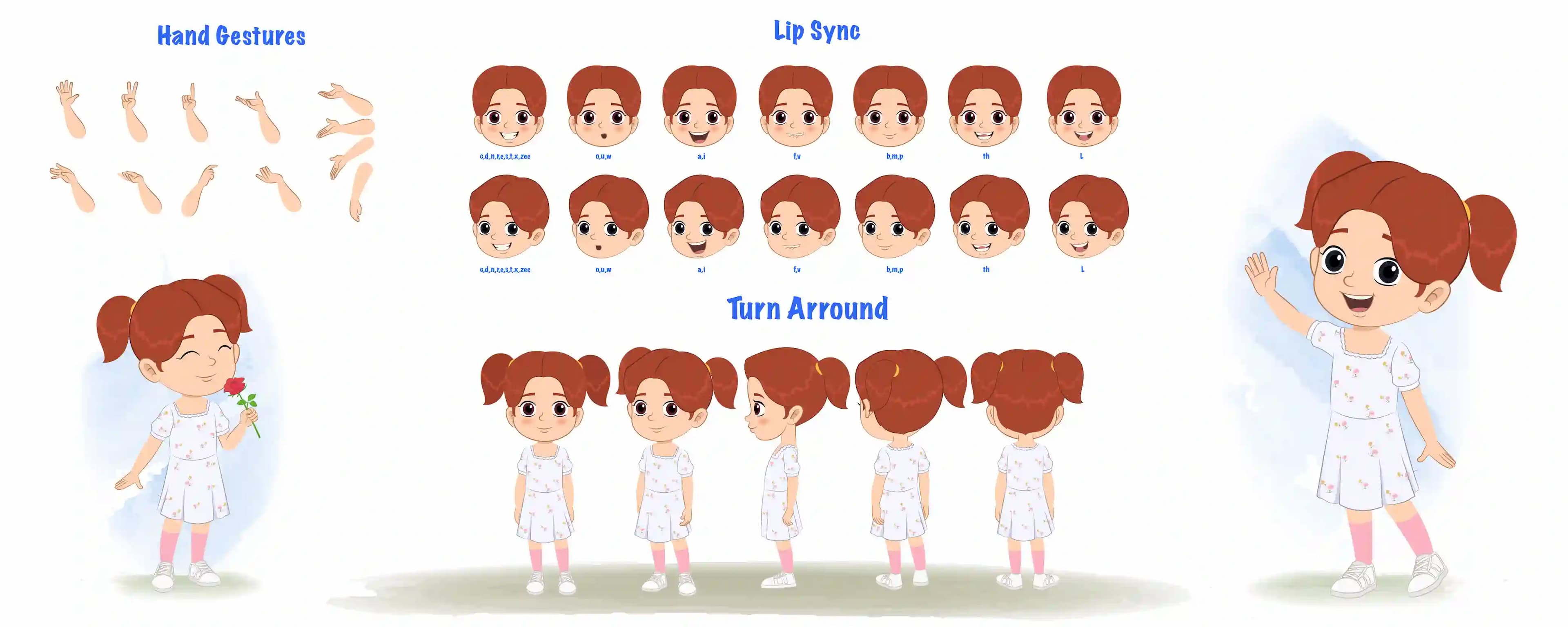 A cute girl cartoon character construction/model sheet aka kira