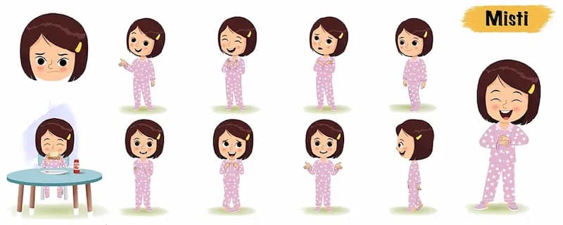Cute girl animated vector cartoon character model sheet AKA Misti
