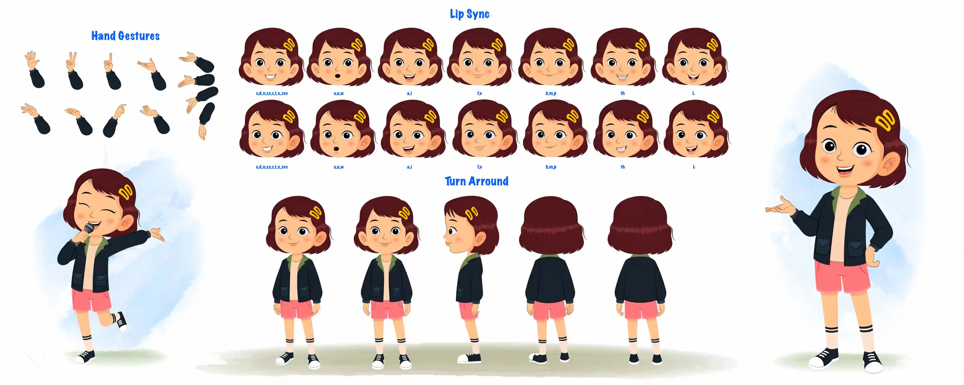 A cute girl cartoon character construction/model sheet aka zoya