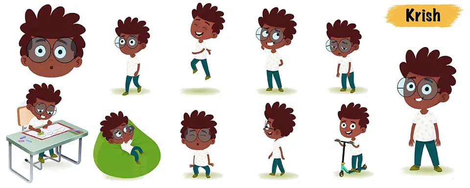 Black boy animated vector cartoon character model sheet AKA Krish
