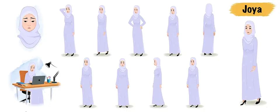Muslim, arabic woman animated vector cartoon character model sheet AKA Joya