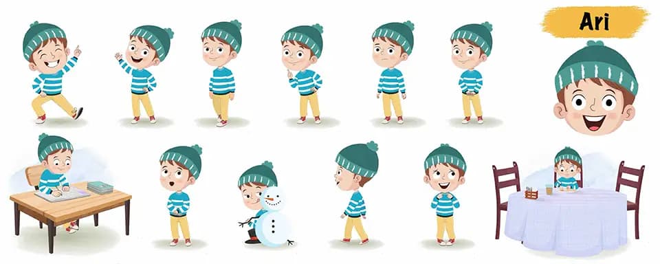 Little boy in winter clothes animated vector cartoon character model sheet AKA Ari