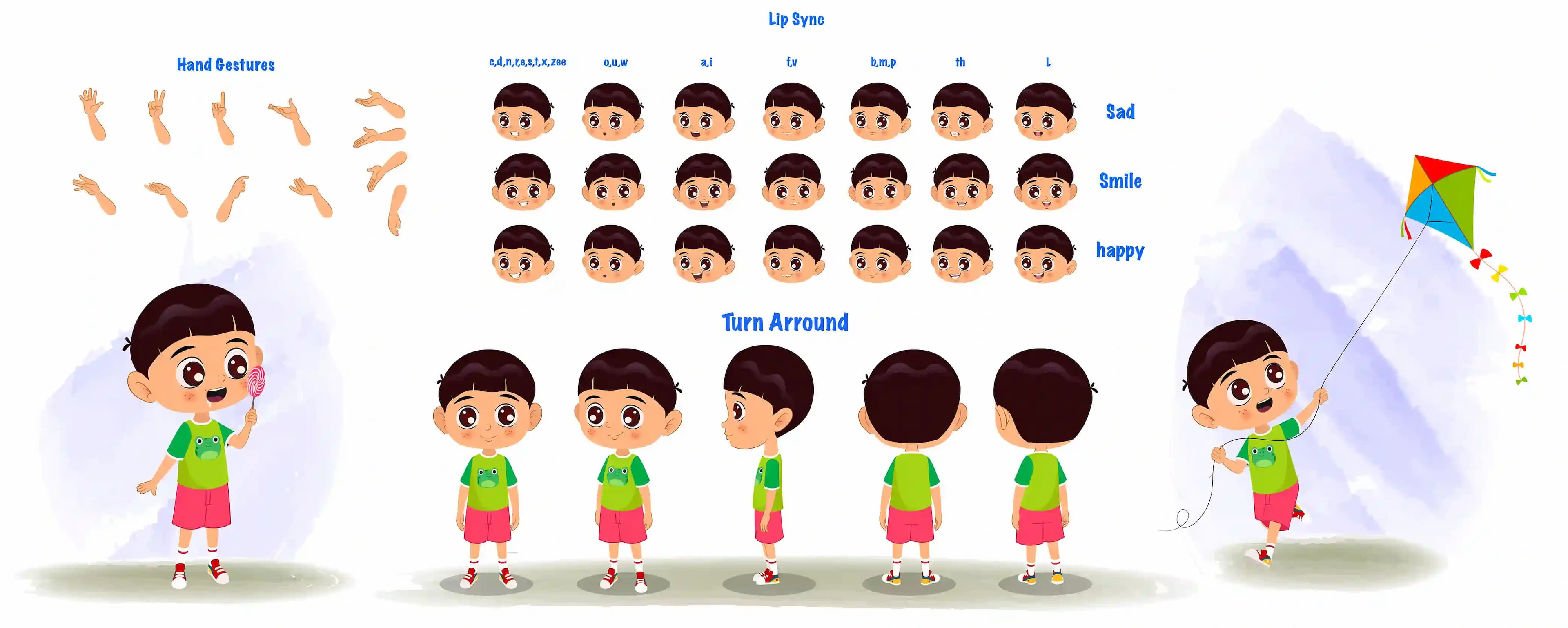 A cute boy cartoon character construction/model sheet aka moni