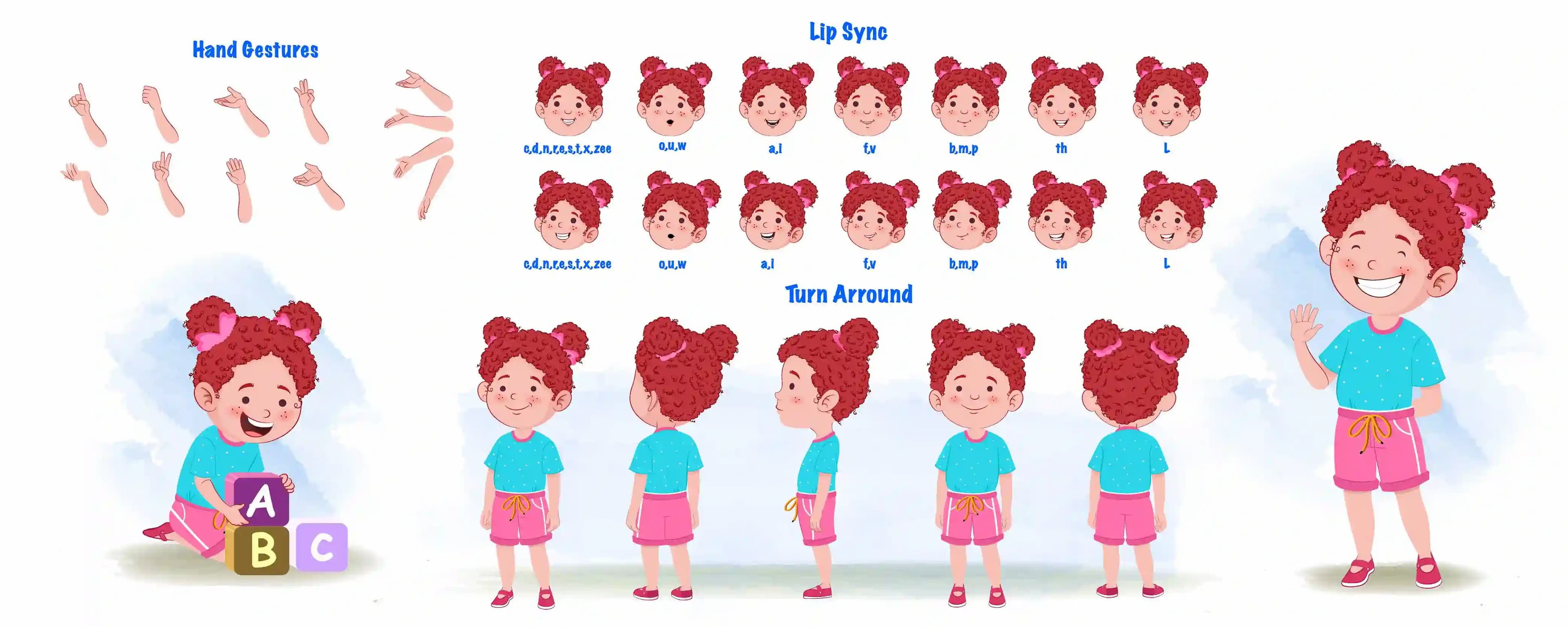 A red hair little girl cartoon character construction/model sheet aka nirru