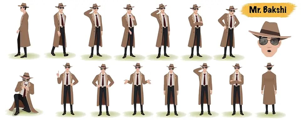 Man detective animated vector cartoon character model sheet AKA Mr Bakshi