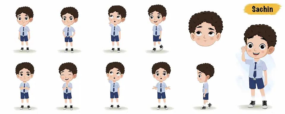Curly hair school boy animated vector cartoon character model sheet AKA Sachin