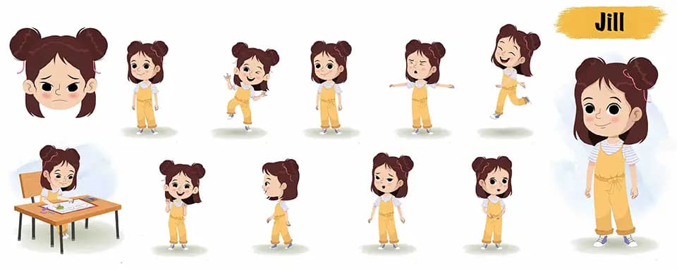 Prettiest girl animated vector cartoon character model sheet AKA Jill
