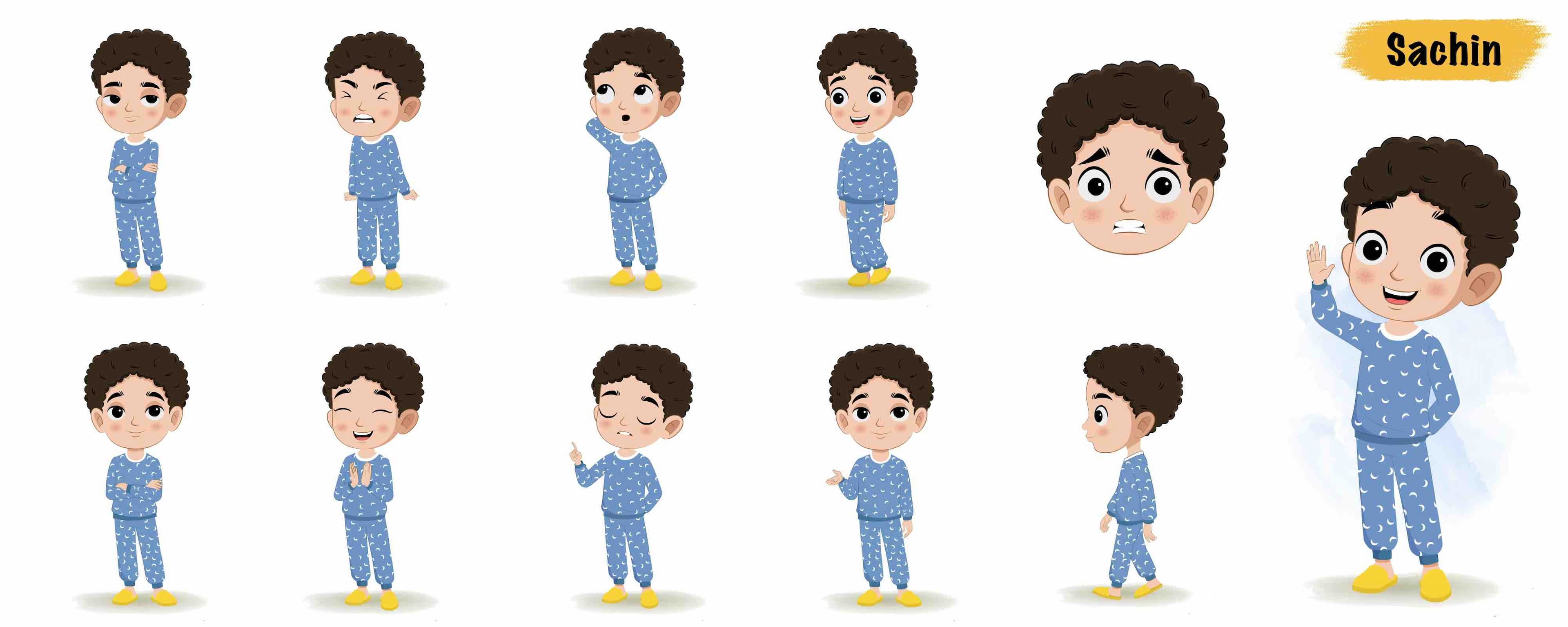 Boy in night dress animated vector cartoon character model sheet AKA Sachin