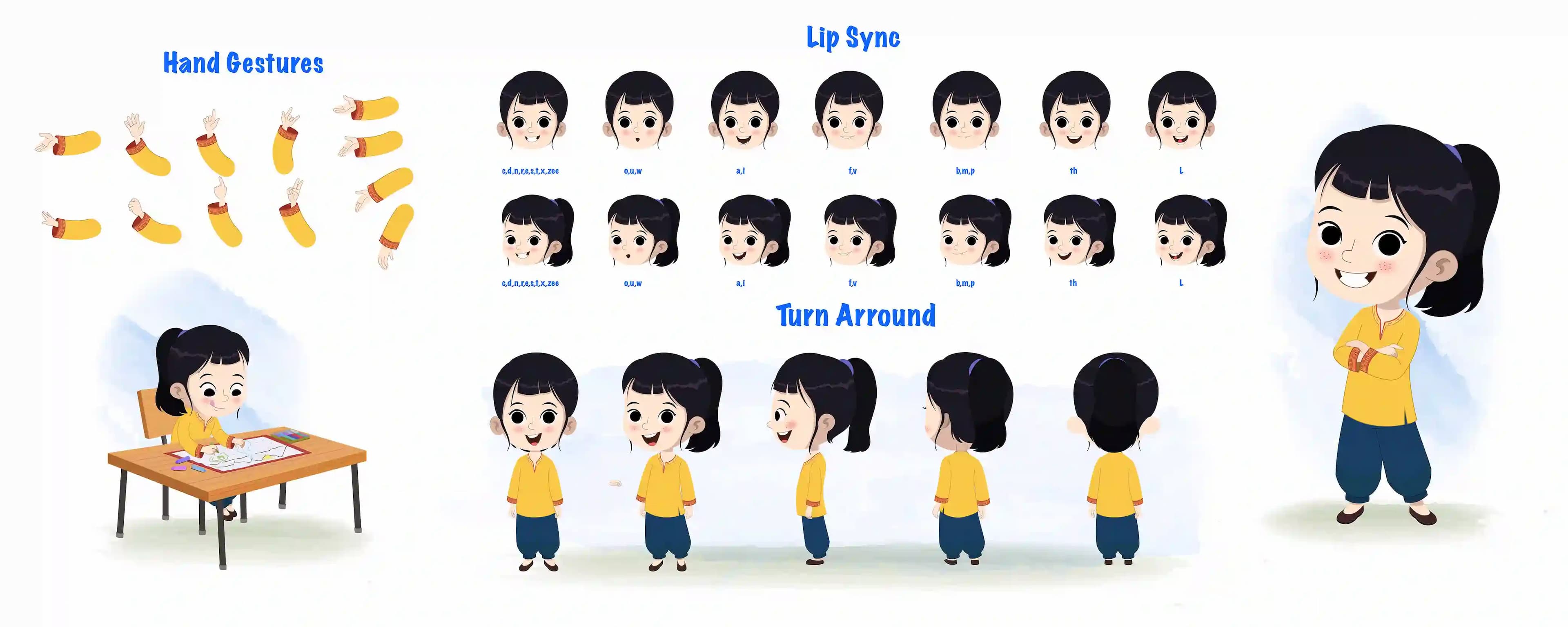 A cute Indian girl cartoon character construction/model sheet aka lilly