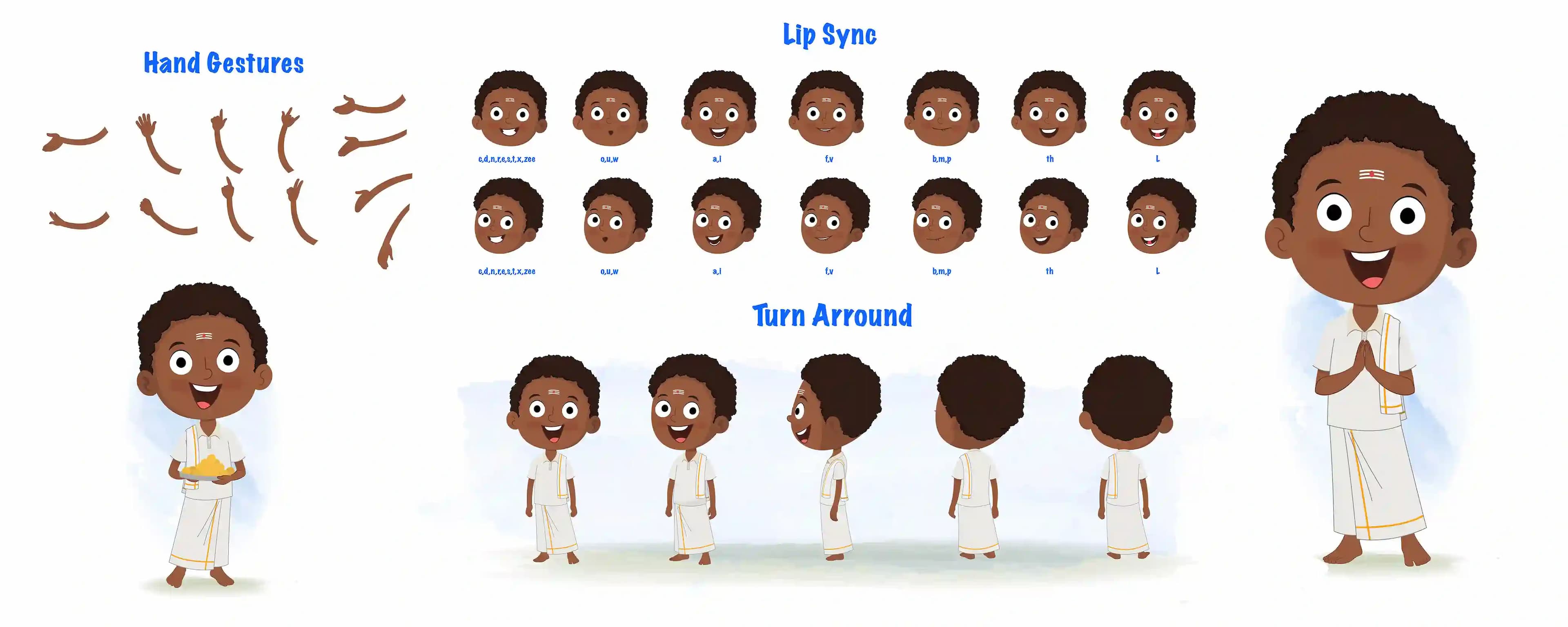 A South Indian boy cartoon character construction/model sheet aka shree