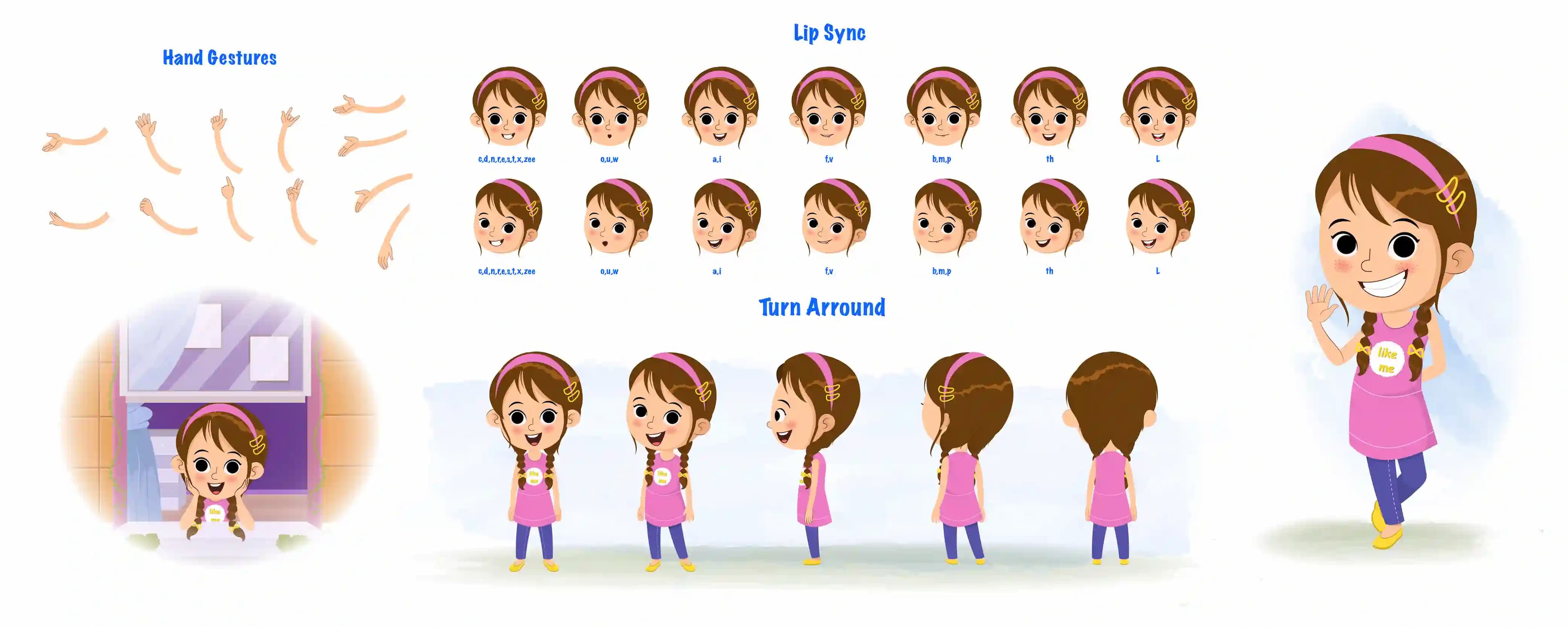 A pretty little girl cartoon character construction/model sheet aka kuhoo