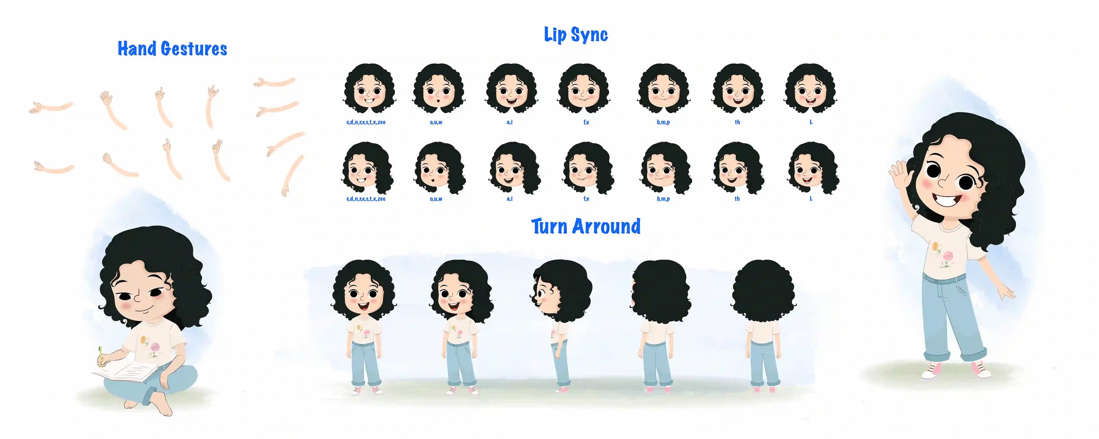 A curly hair girl cartoon character construction/model sheet aka rita