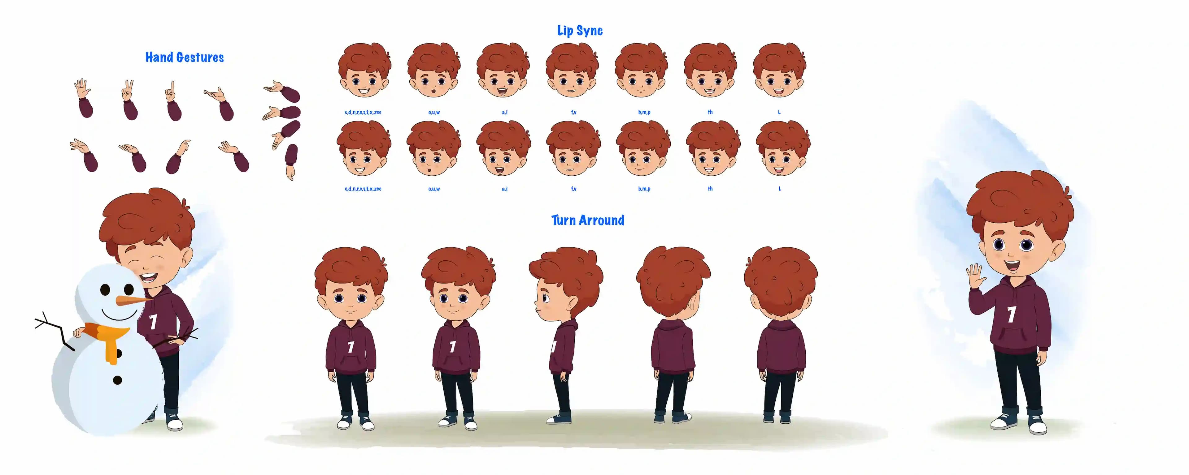 A red hair boy cartoon character construction/model sheet aka sunny