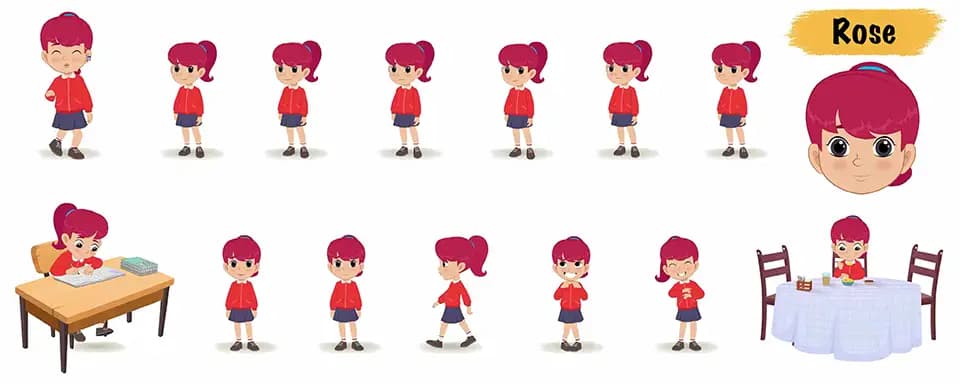 Red hair girl animated vector cartoon character model sheet AKA Rose