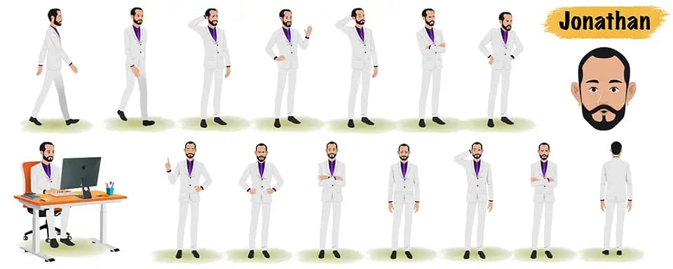 Businessman animated vector cartoon character model sheet AKA Jonathan