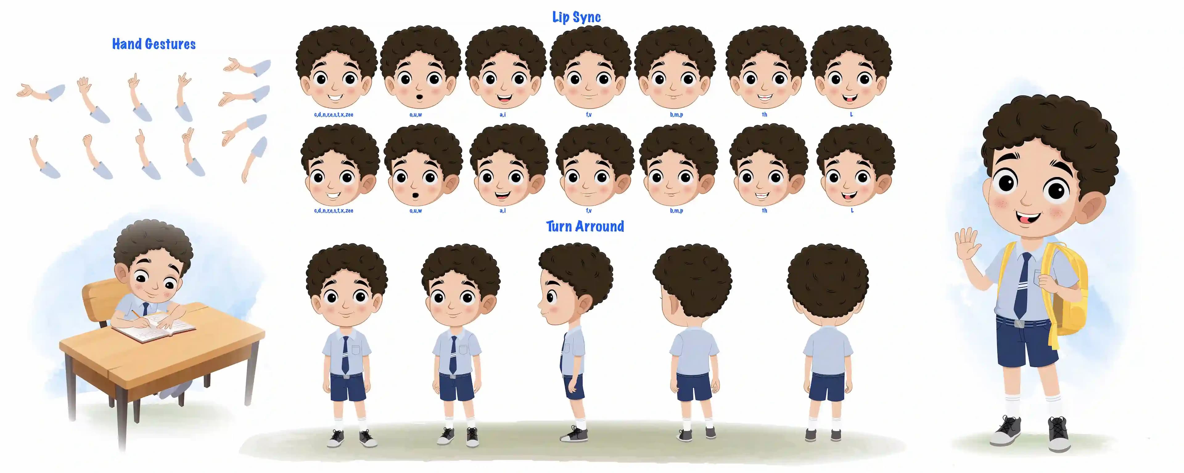 A curly hair school boy cartoon character construction/model sheet aka sachin