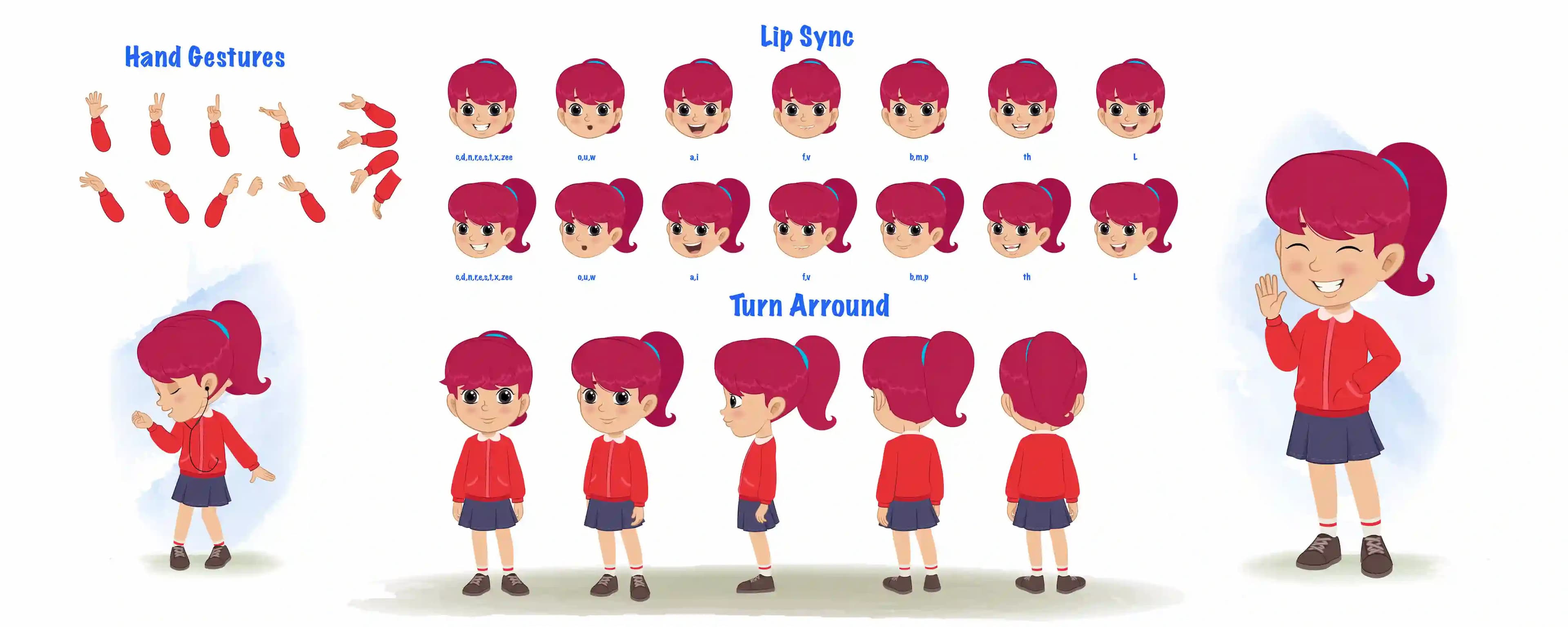 A red hair girl cartoon character construction/model sheet aka rose