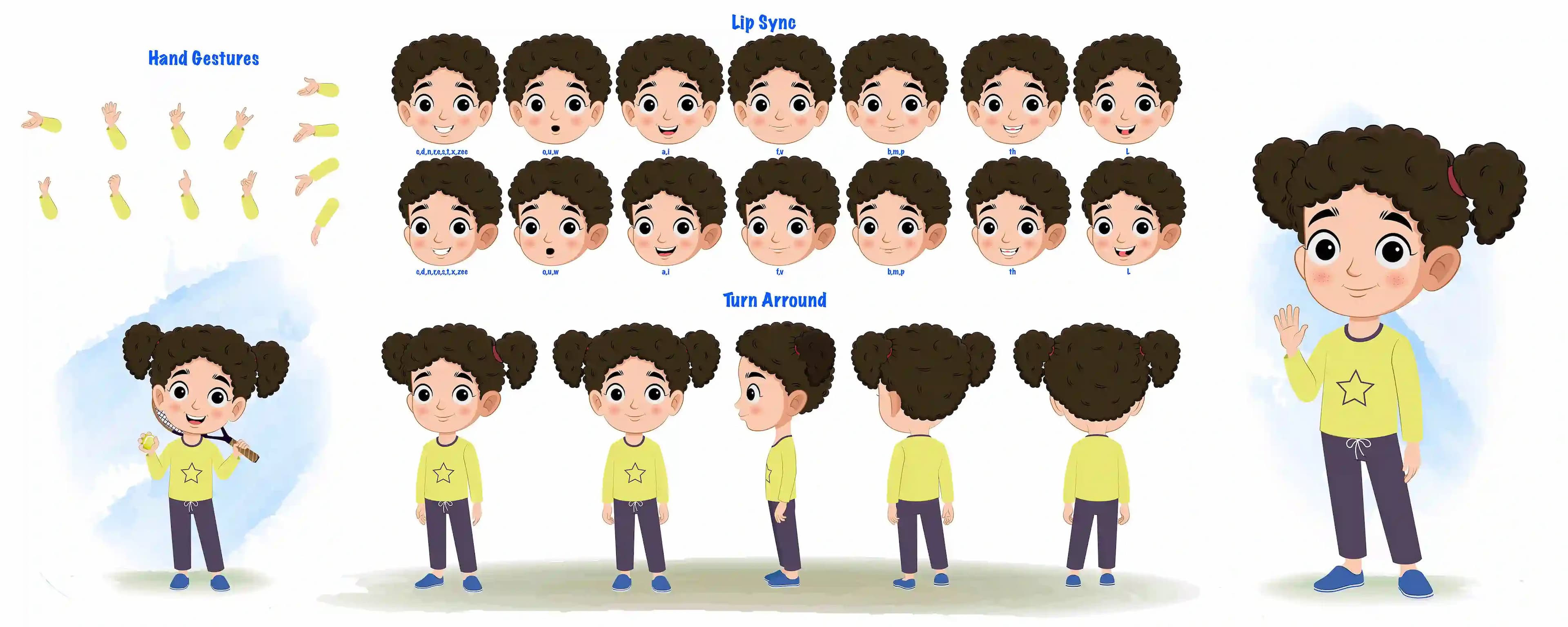 A little curly hair girl cartoon character construction/model sheet aka mili