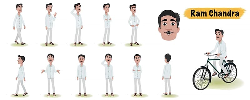 Indian man animated vector cartoon character model sheet AKA Ram chandra