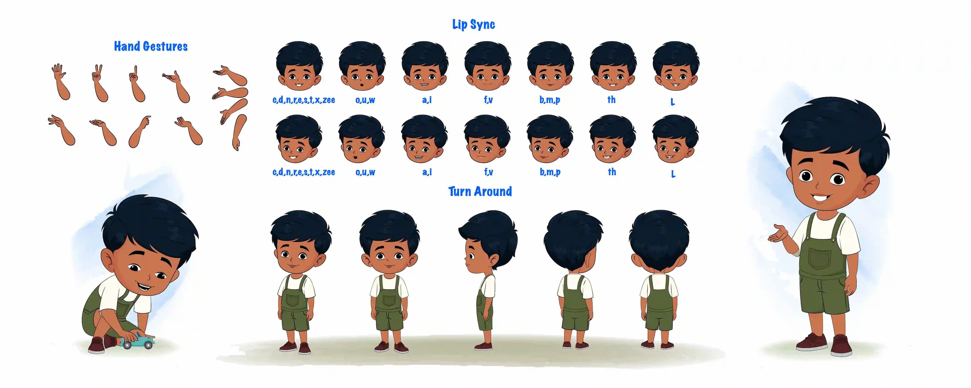 A little charming boy cartoon character construction/model sheet aka arun