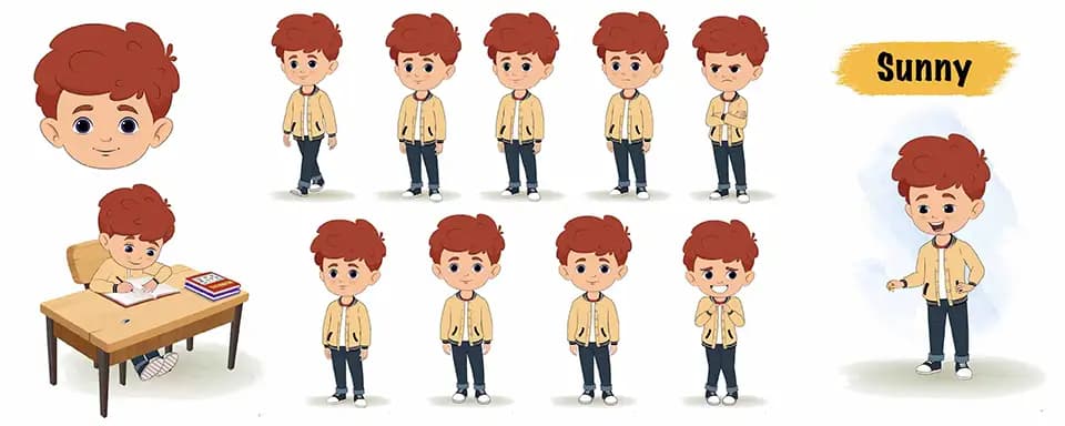 Red hair little boy animated vector cartoon character model sheet AKA Sunny