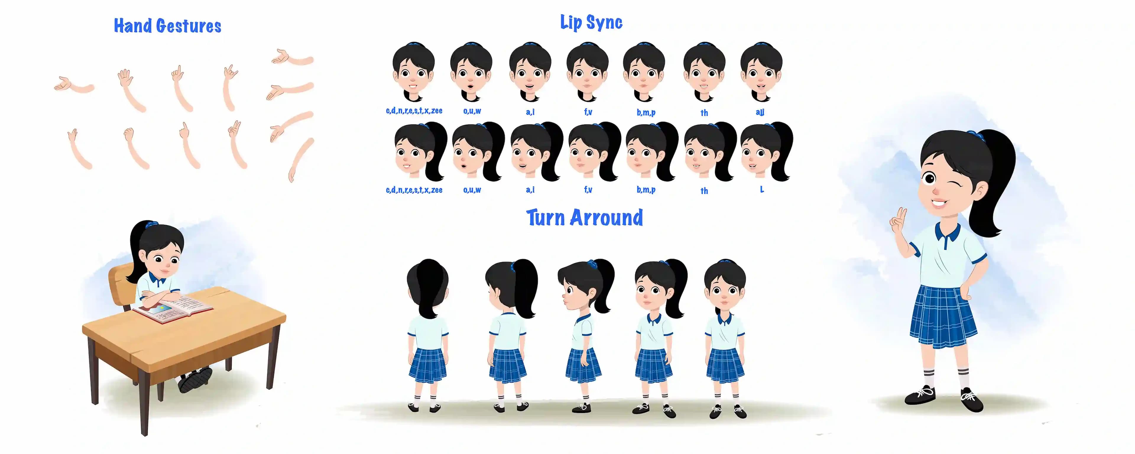 A cute school girl cartoon character construction/model sheet aka amaira