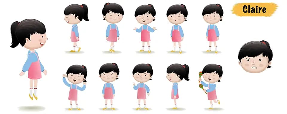 Little girl animated vector cartoon character model sheet AKA Claire