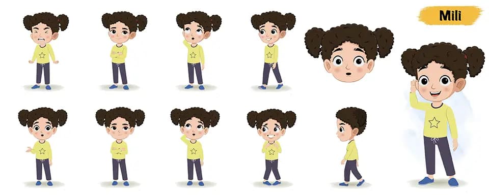 Little curly hair girl animated vector cartoon character model sheet AKA Mili