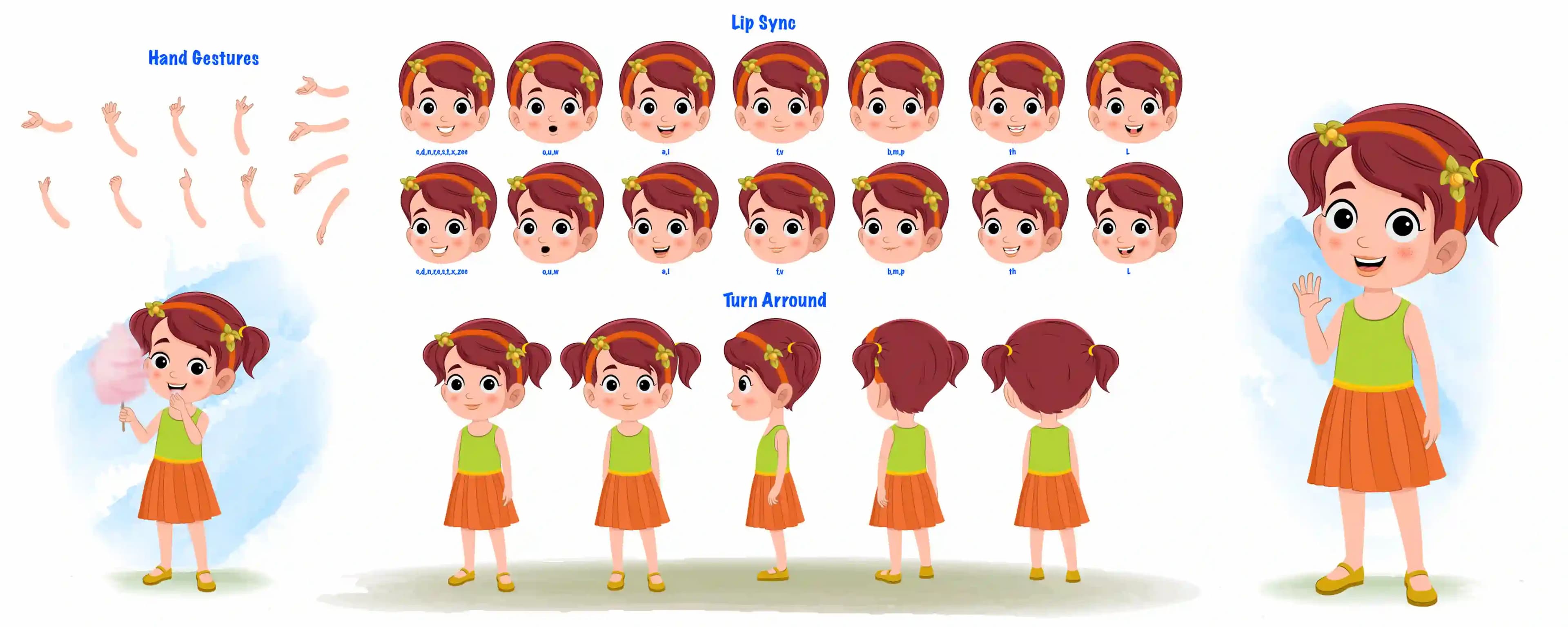 A cute red hair girl cartoon character construction/model sheet aka naina