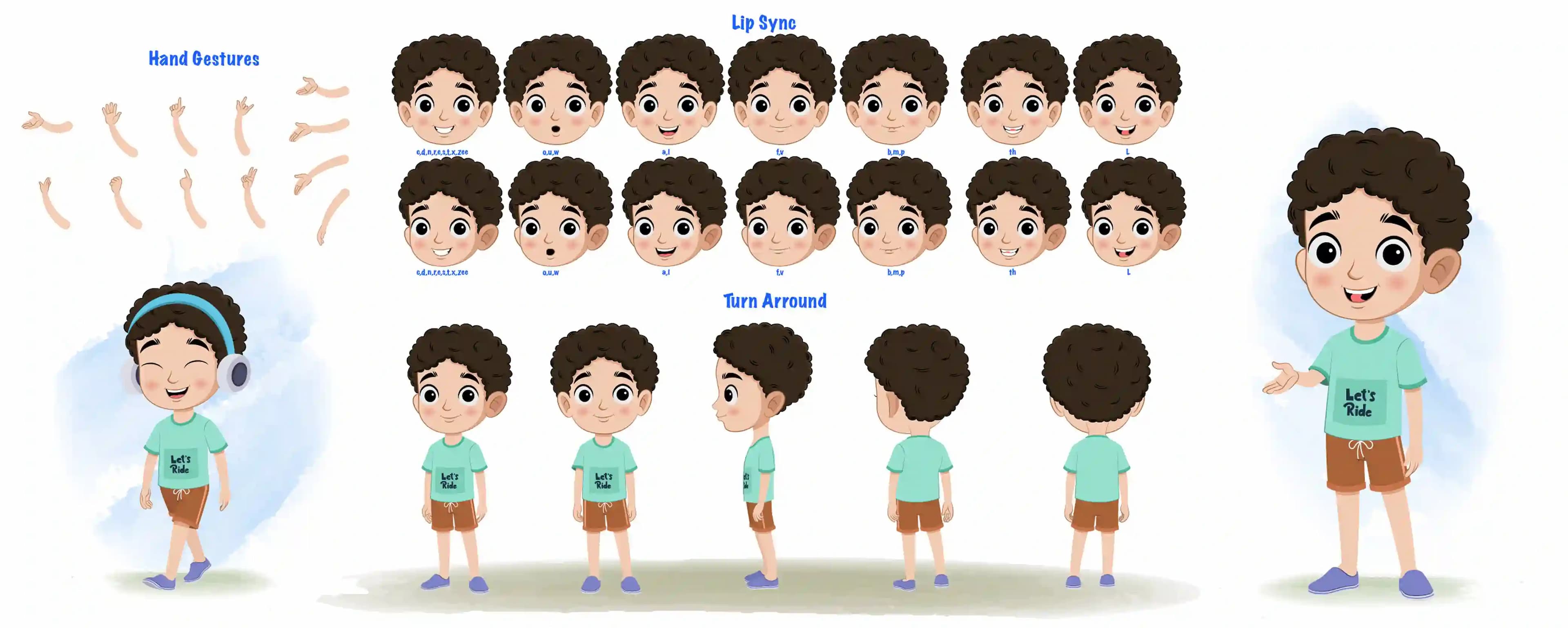 A curly hair boy cartoon character construction/model sheet aka sachin
