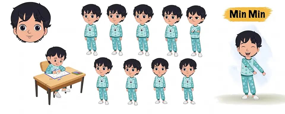 Little Indian boy animated vector cartoon character model sheet AKA Min Min