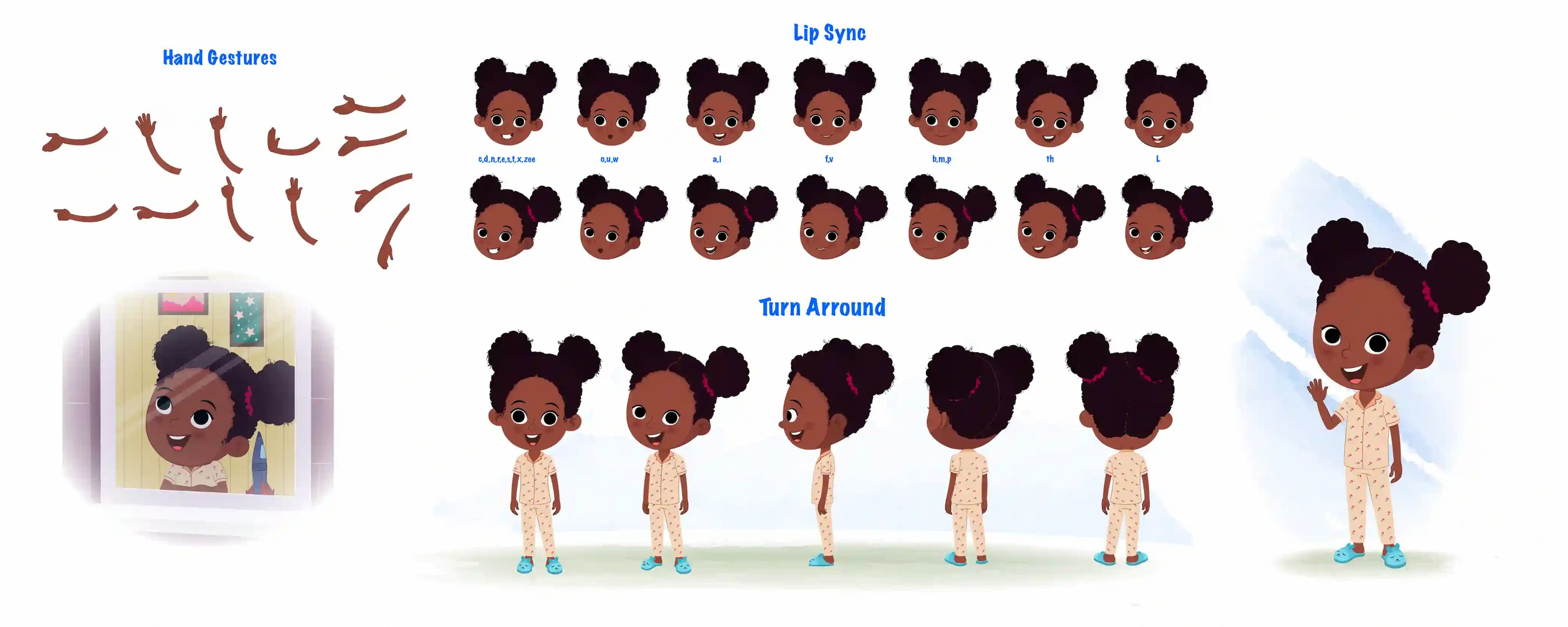 A little black girl cartoon character construction/model sheet aka kaya