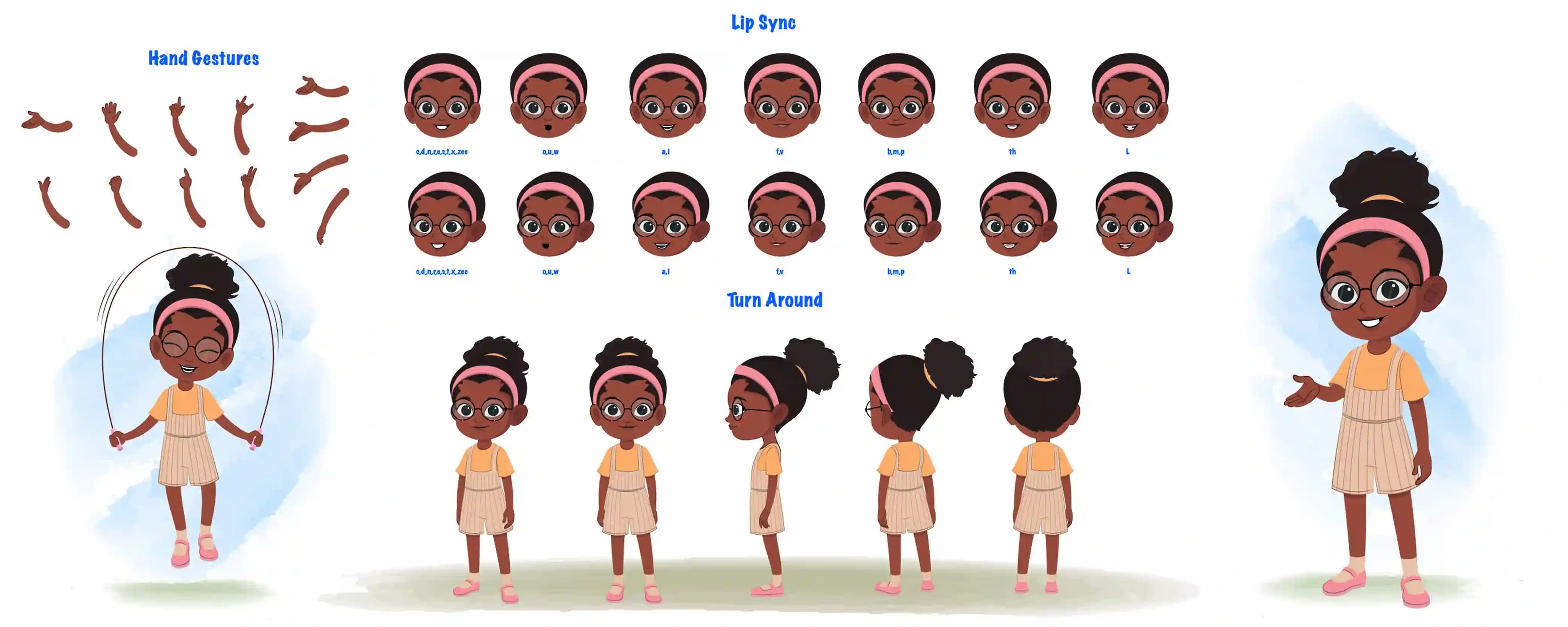 A cute black girl cartoon character construction/model sheet aka lara