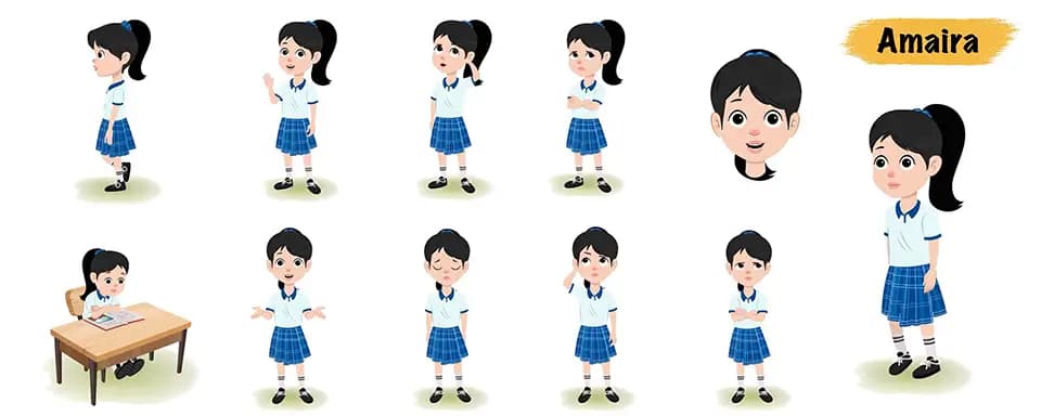 Cute school girl animated vector cartoon character model sheet AKA Amaira