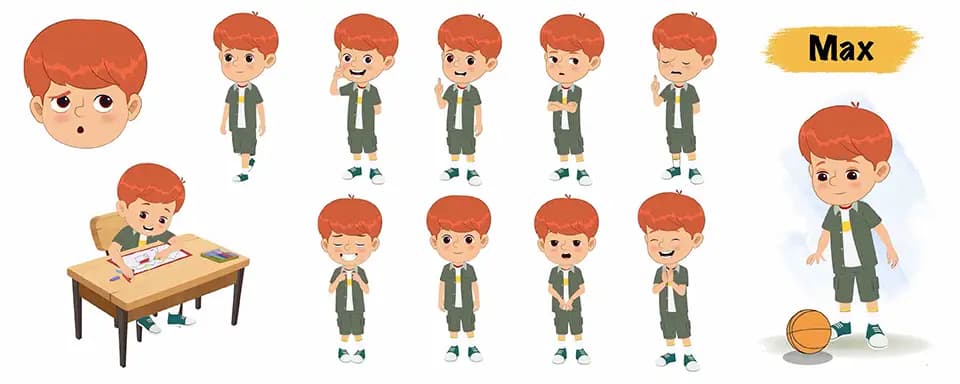 Little boy animated vector cartoon character model sheet AKA Max