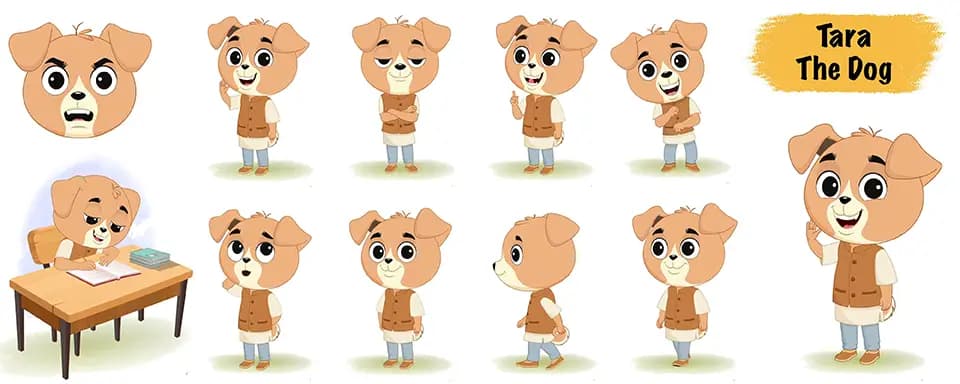Cute little dog animated vector cartoon character model sheet AKA Tara The Dog