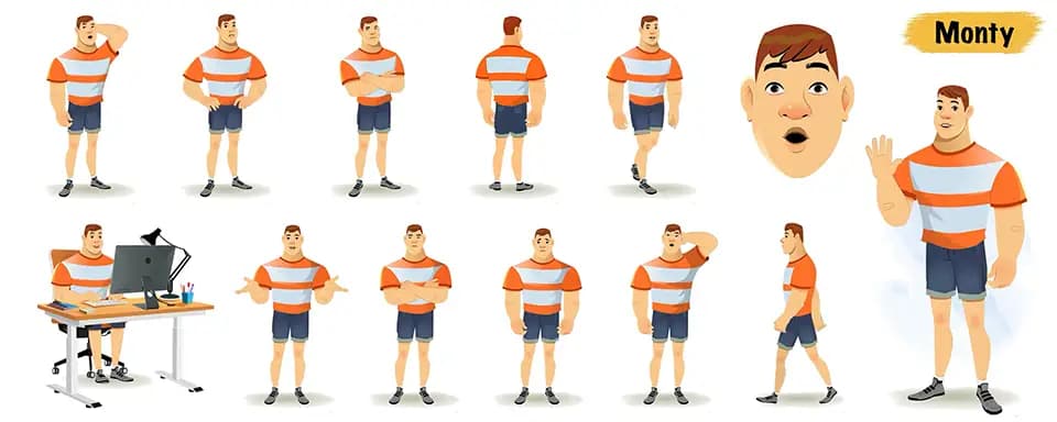 Muscular man animated vector cartoon character model sheet AKA Monty