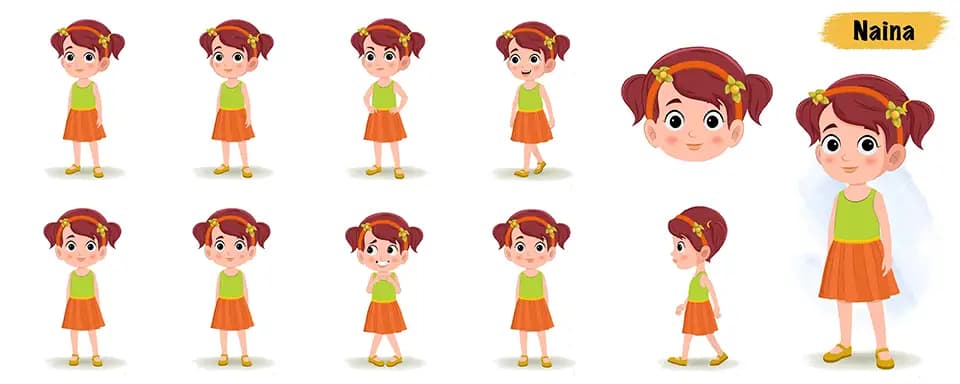 Cute red hair girl animated vector cartoon character model sheet AKA Naina