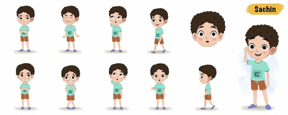 Curly hair boy animated vector cartoon character model sheet AKA Sachin
