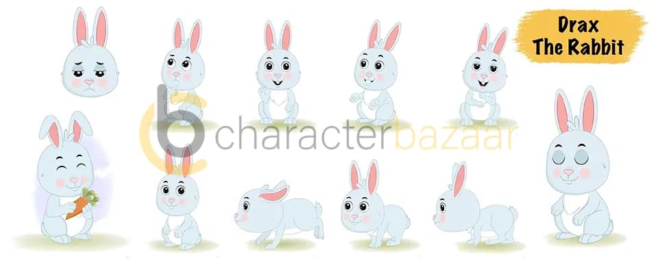 Cute rabbit animated vector cartoon character model sheet AKA Drax The Rabbit