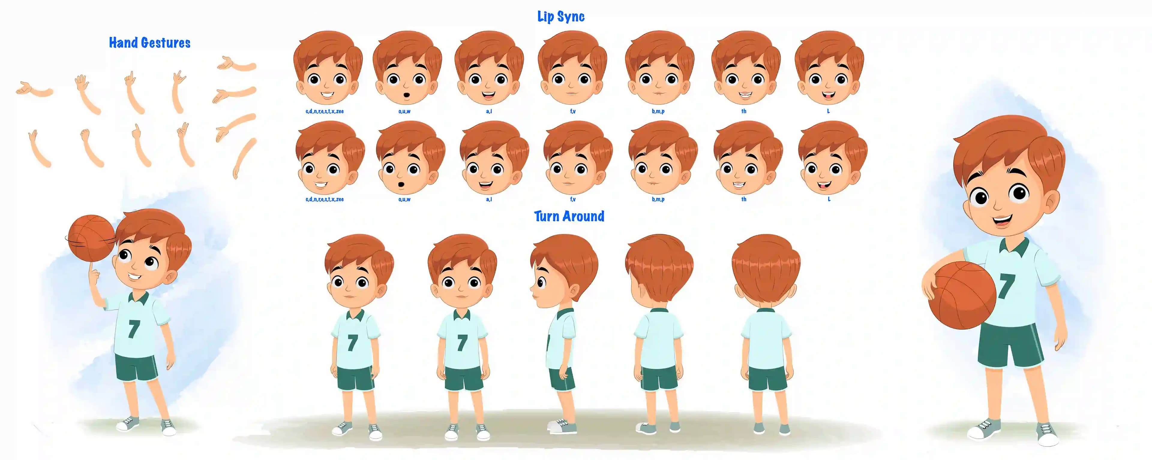 A sports boy cartoon character construction/model sheet aka roman
