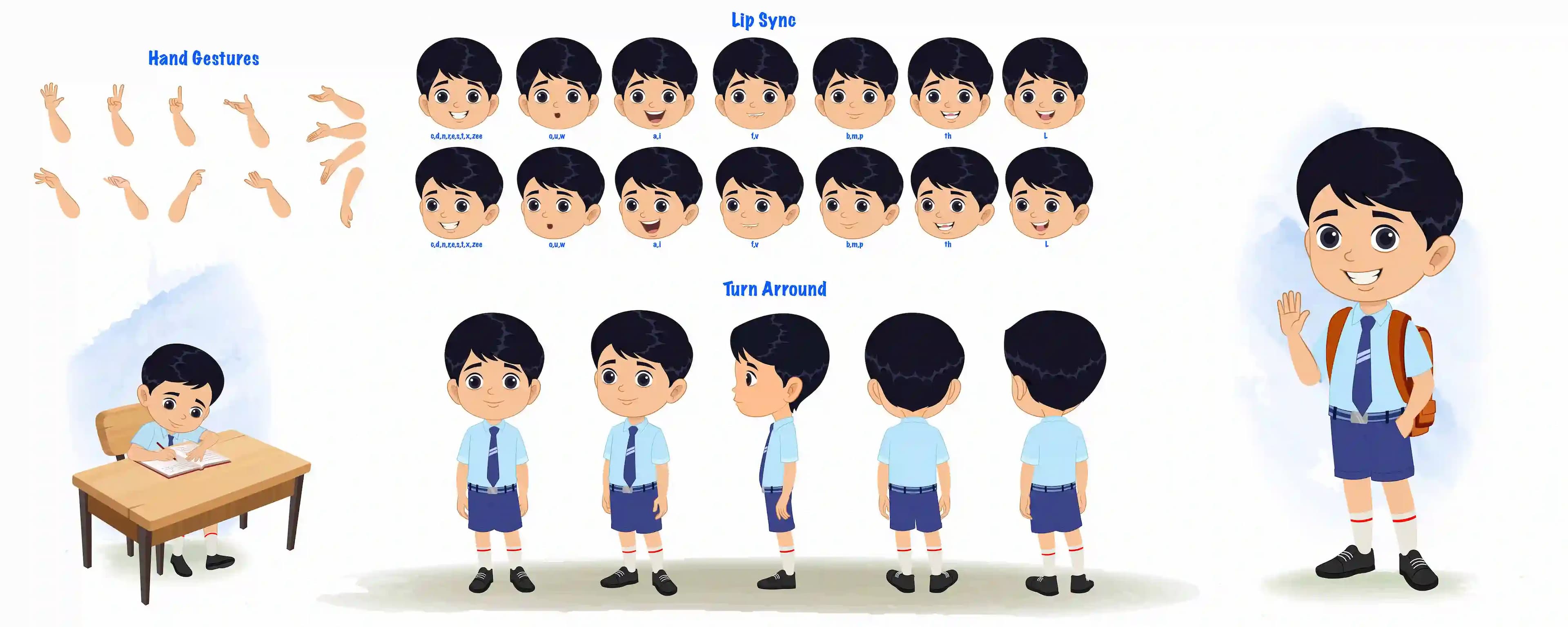 An Indian school boy cartoon character construction/model sheet aka ishaan
