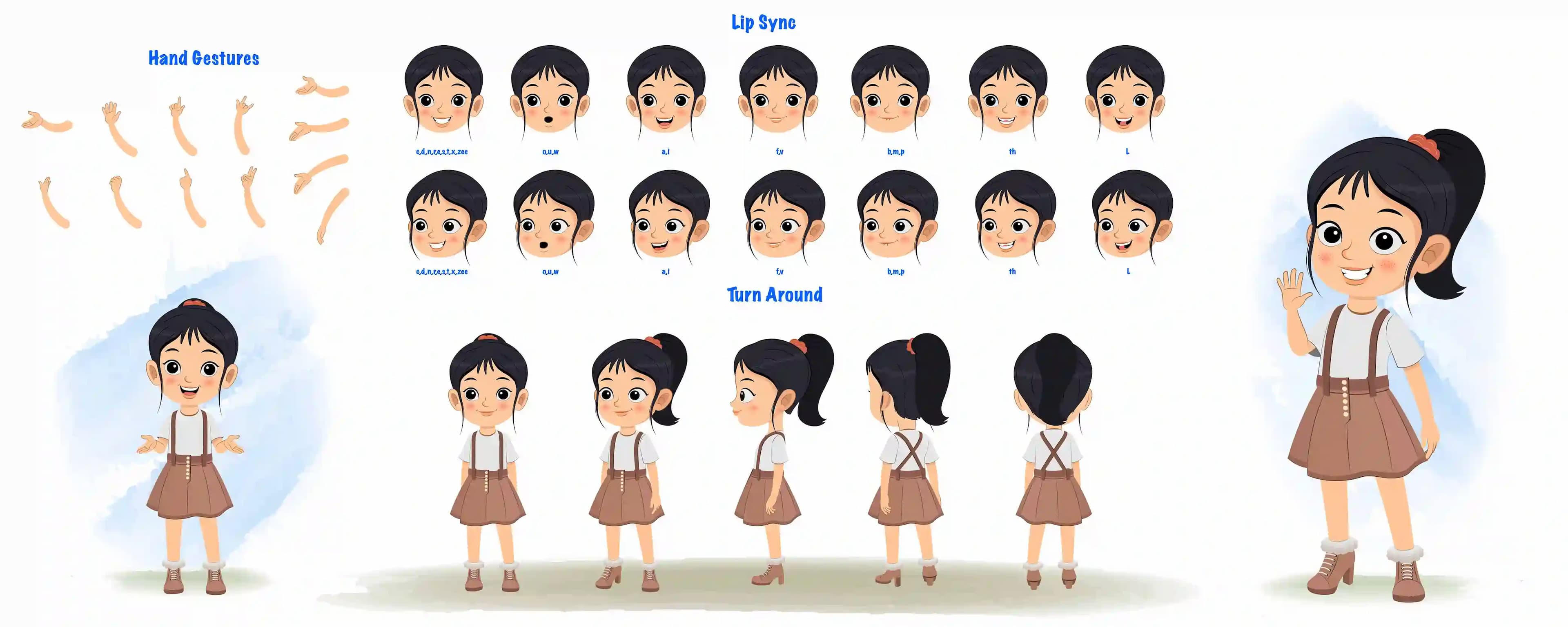 A girl turn around model sheet animated vector cartoon character set for animation aka lily