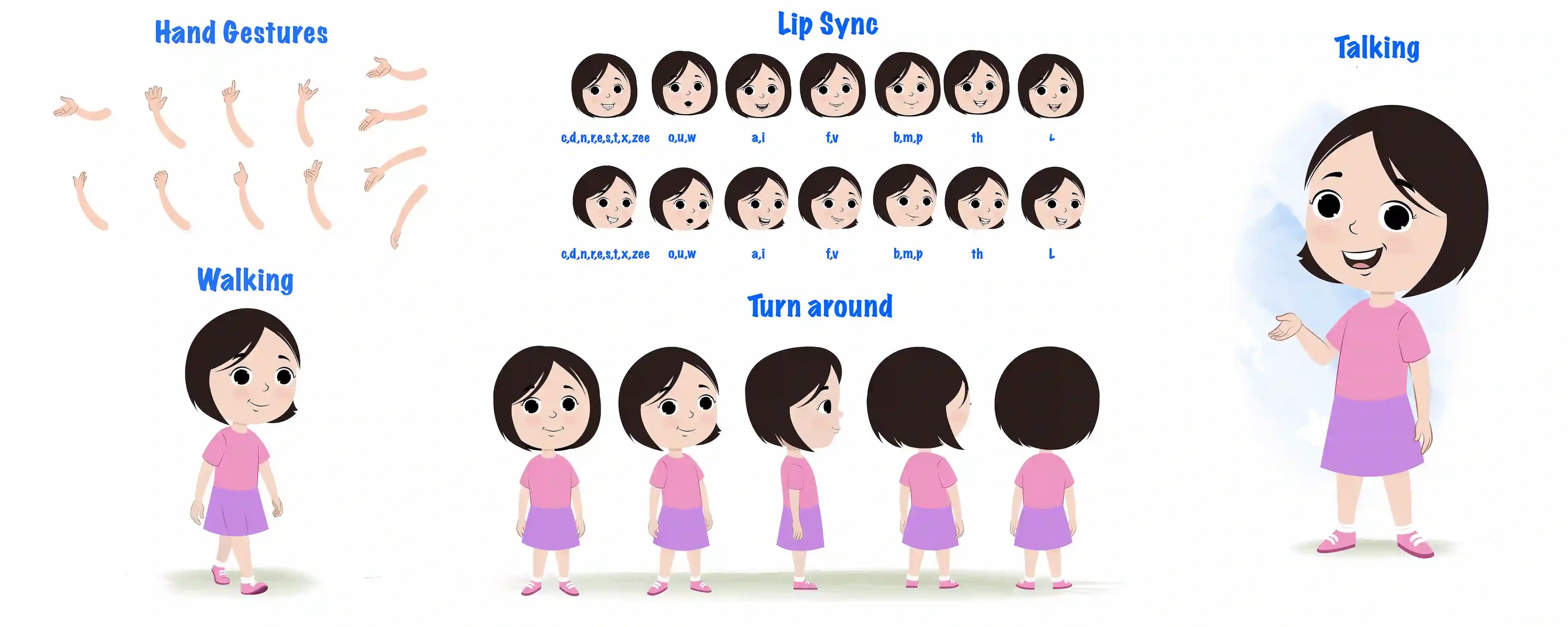 A cute little girl cartoon character construction/model sheet aka tia