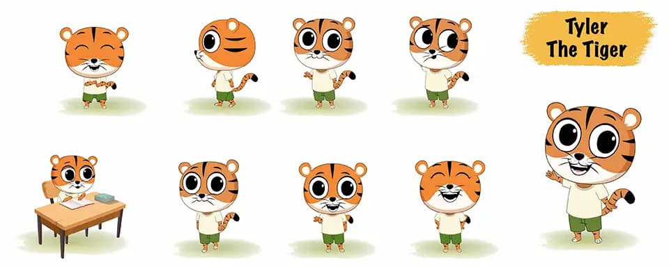Cute tiger animated vector cartoon character model sheet AKA Tyler The Tiger