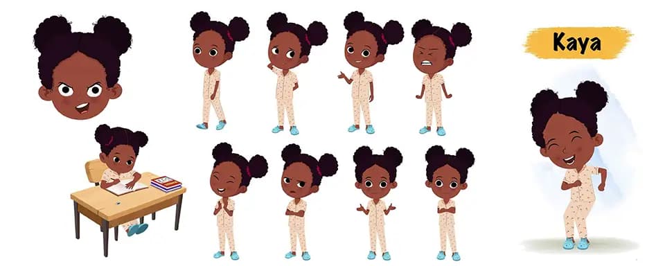 Little black girl animated vector cartoon character model sheet AKA Kaya